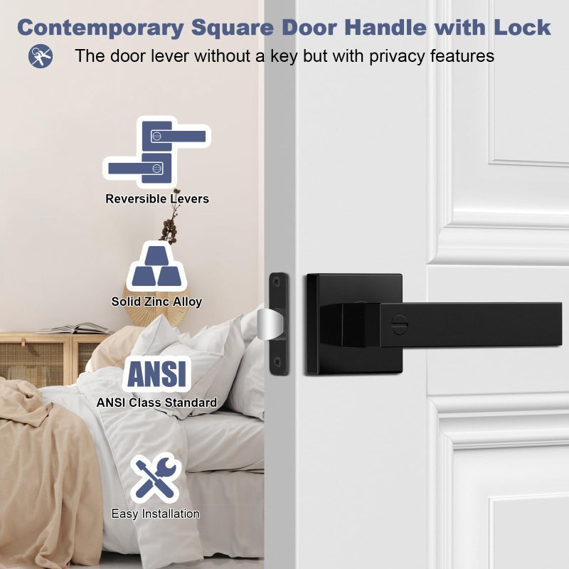 Estmoon 2 Pack Privacy Door Levers Door Handle Matte Black Interior Door Knobs Keyless Door Locks for Bedroom or Bathroom  Left or Right Handing Levers - Image 2